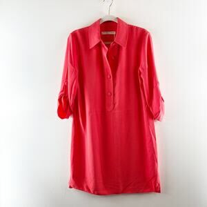 Trina Turk Portrait Button Front Roll Tab Sleeve Mini Shirt Dress Coral Red